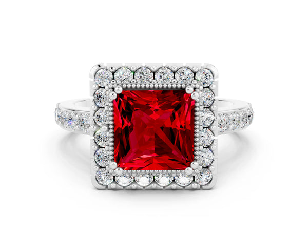 Platinum Princess Cut Ruby Halo Ring with Pavé Band and Prong Setting
