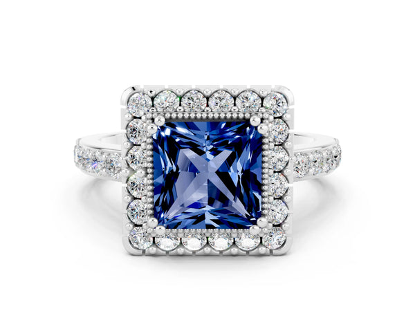 Platinum Princess Cut Blue Sapphire Halo Ring with Pavé Band and Prong Setting