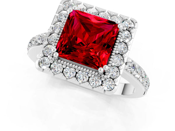 Platinum Princess Cut Ruby Halo Ring with Pavé Band and Prong Setting