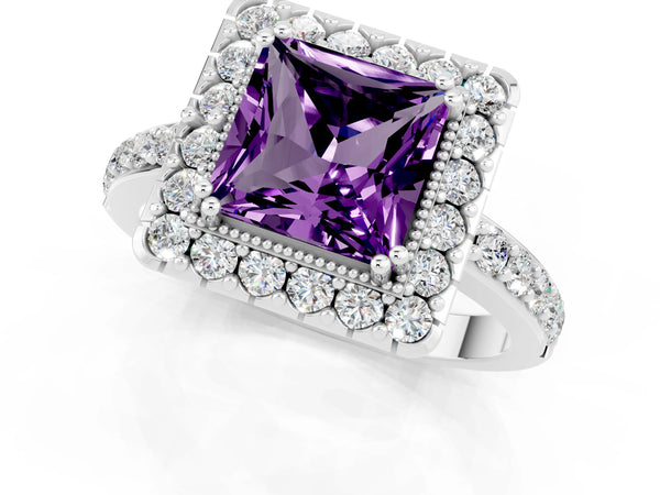 Platinum Princess Cut Amethyst Halo Ring with Pavé Band and Prong Setting