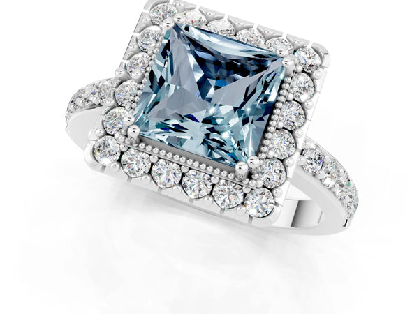 Platinum Princess Cut Aquamarine Halo Ring with Pavé Band and Prong Setting
