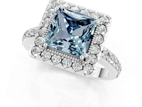White gold Princess Cut Diamond Halo Ring with Pavé Band and Prong Setting_1