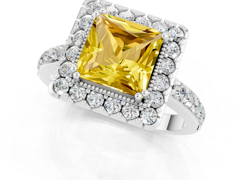 White gold Princess Cut Diamond Halo Ring with Pavé Band and Prong Setting_1