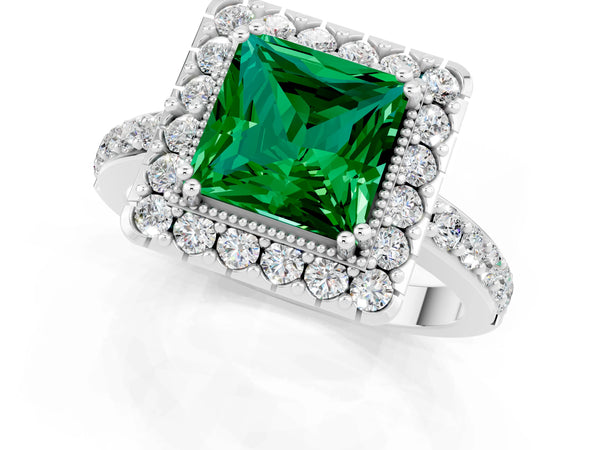 Platinum Princess Cut Emerald Halo Ring with Pavé Band and Prong Setting