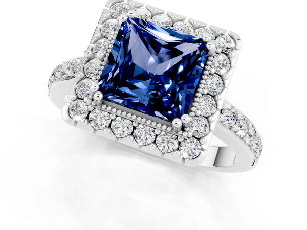 White gold Princess Cut Blue Sapphire Halo Ring with Pavé Band and Prong Setting