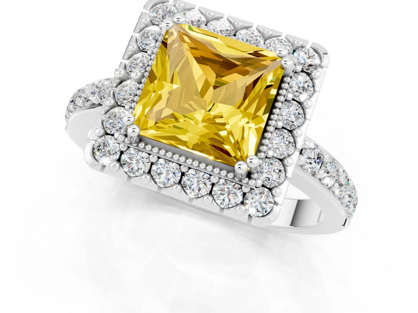 Platinum Princess Cut Yellow Sapphire Halo Ring with Pavé Band and Prong Setting
