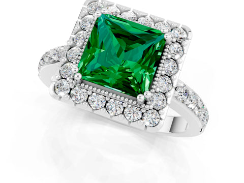 White gold Princess Cut Diamond Halo Ring with Pavé Band and Prong Setting_1