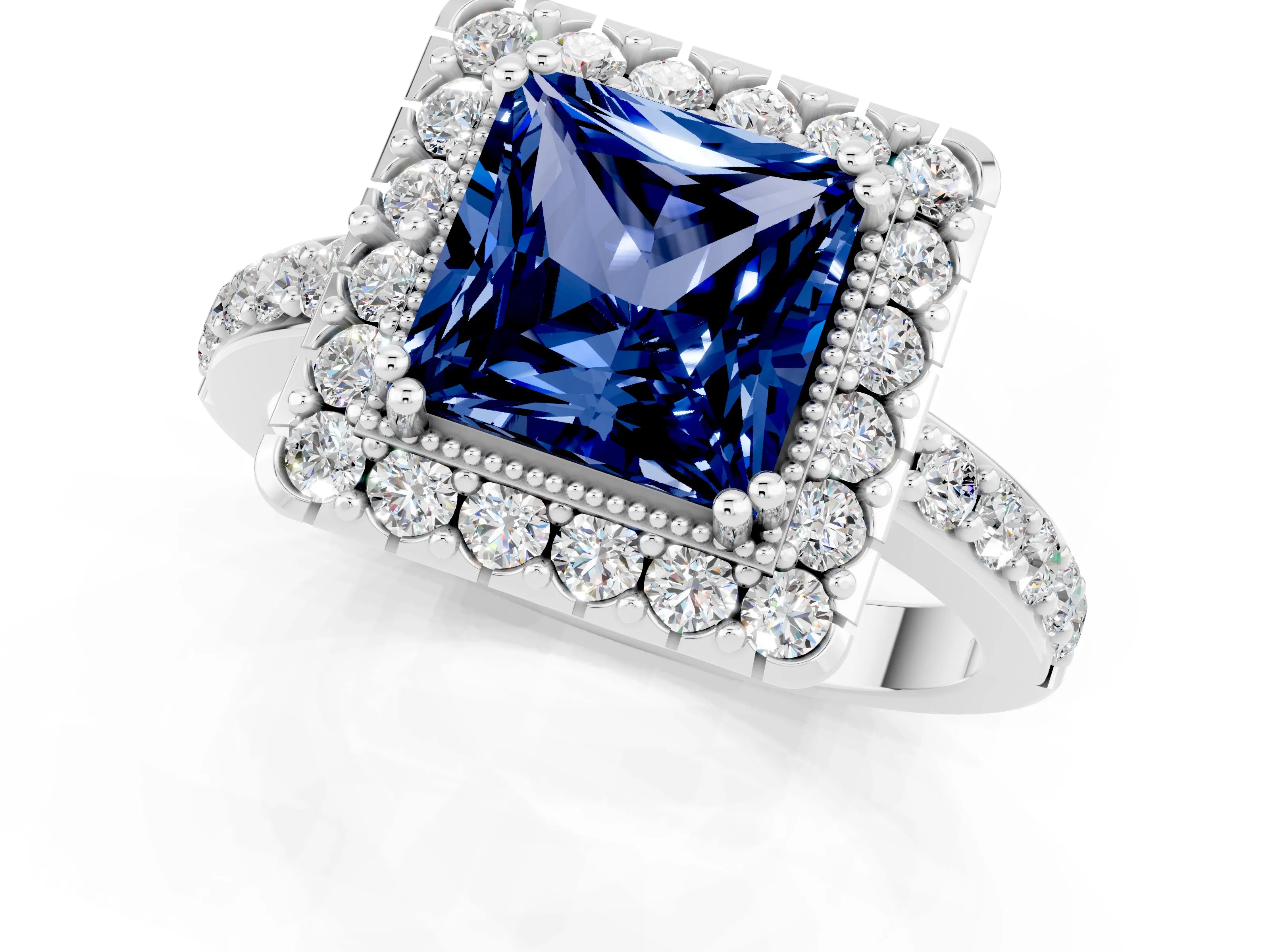 White gold Princess Cut Diamond Halo Ring with Pavé Band and Prong Setting_1
