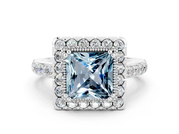 Platinum Princess Cut Aquamarine Halo Ring with Pavé Band and Prong Setting