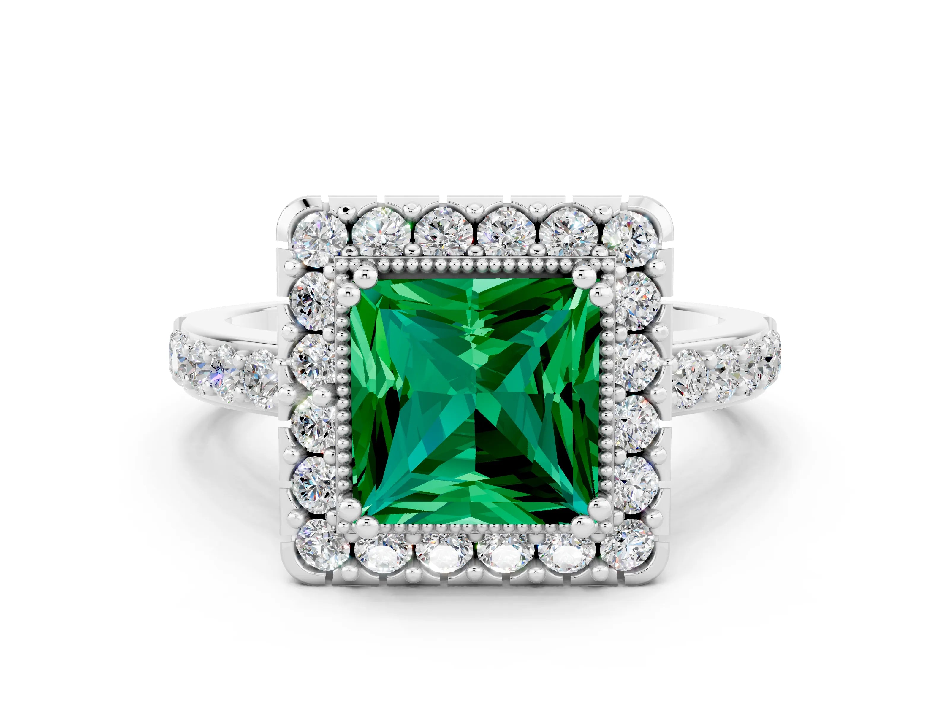 White gold Princess Cut Diamond Halo Ring with Pavé Band and Prong Setting