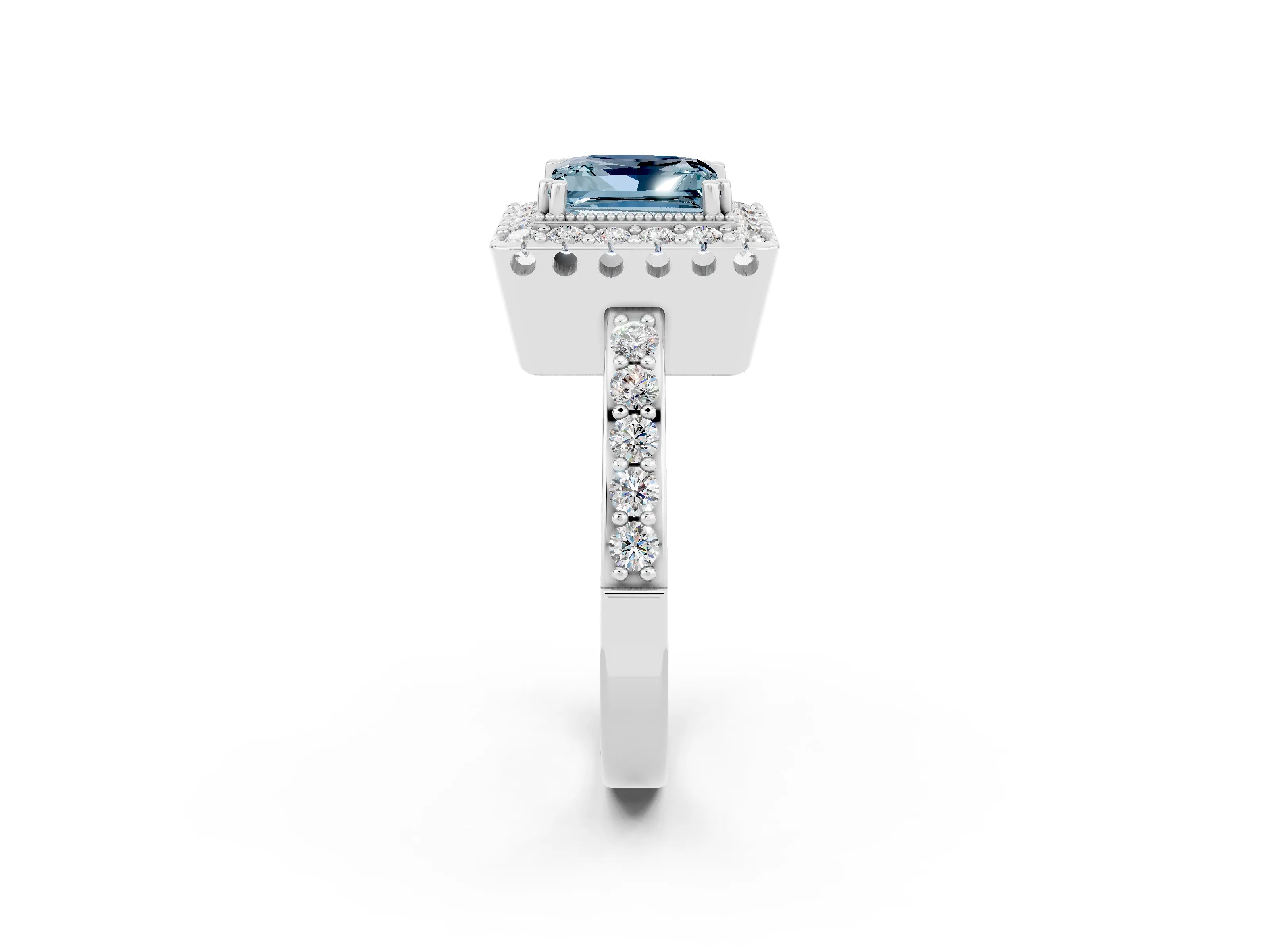 White gold Princess Cut Diamond Halo Ring with Pavé Band and Prong Setting_2