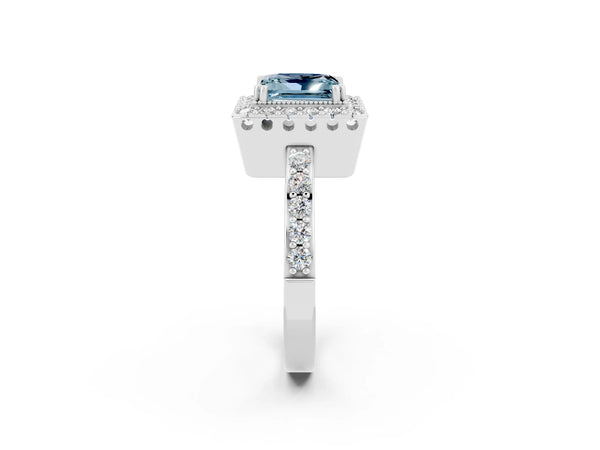 Platinum Princess Cut Aquamarine Halo Ring with Pavé Band and Prong Setting