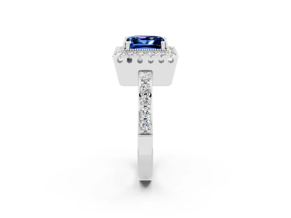 Platinum Princess Cut Blue Sapphire Halo Ring with Pavé Band and Prong Setting