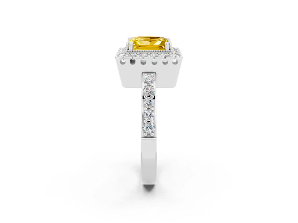 Platinum Princess Cut Yellow Sapphire Halo Ring with Pavé Band and Prong Setting