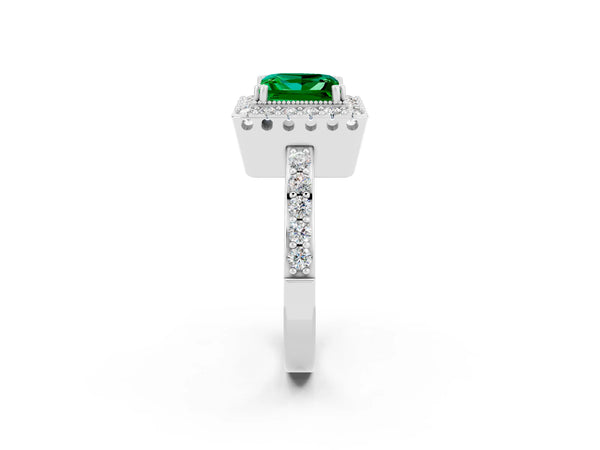 Platinum Princess Cut Emerald Halo Ring with Pavé Band and Prong Setting
