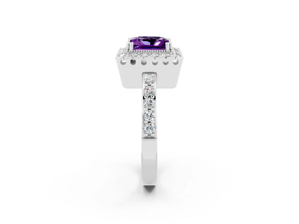 White gold Princess Cut Amethyst Halo Ring with Pavé Band and Prong Setting