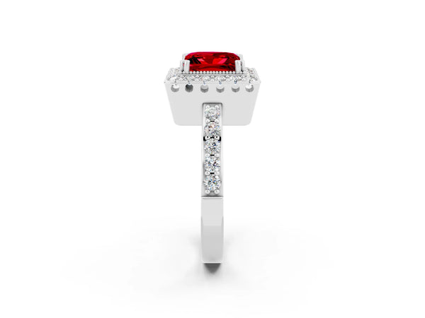 White gold Princess Cut Ruby Halo Ring with Pavé Band and Prong Setting