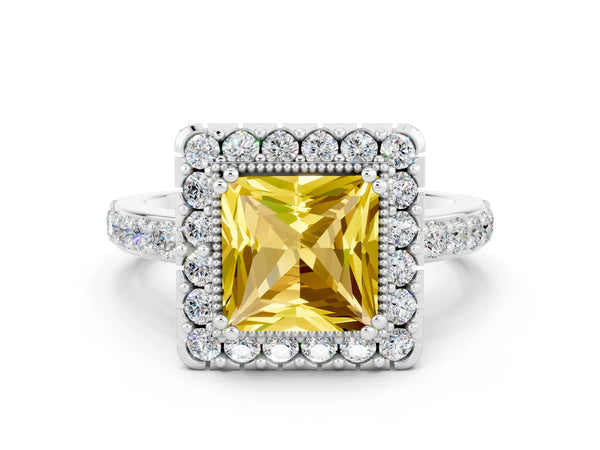 Platinum Princess Cut Yellow Sapphire Halo Ring with Pavé Band and Prong Setting