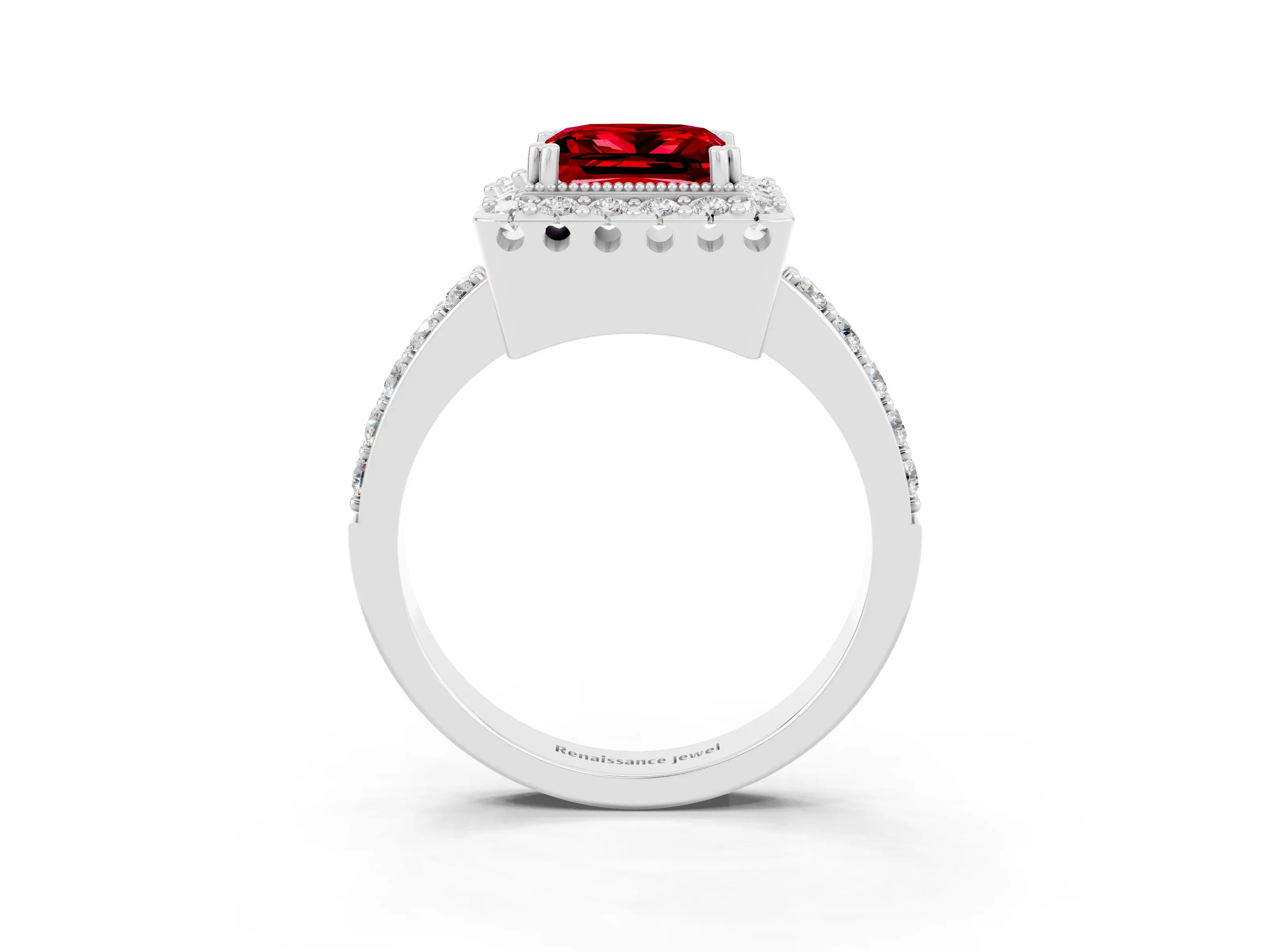 White gold Princess Cut Diamond Halo Ring with Pavé Band and Prong Setting_3