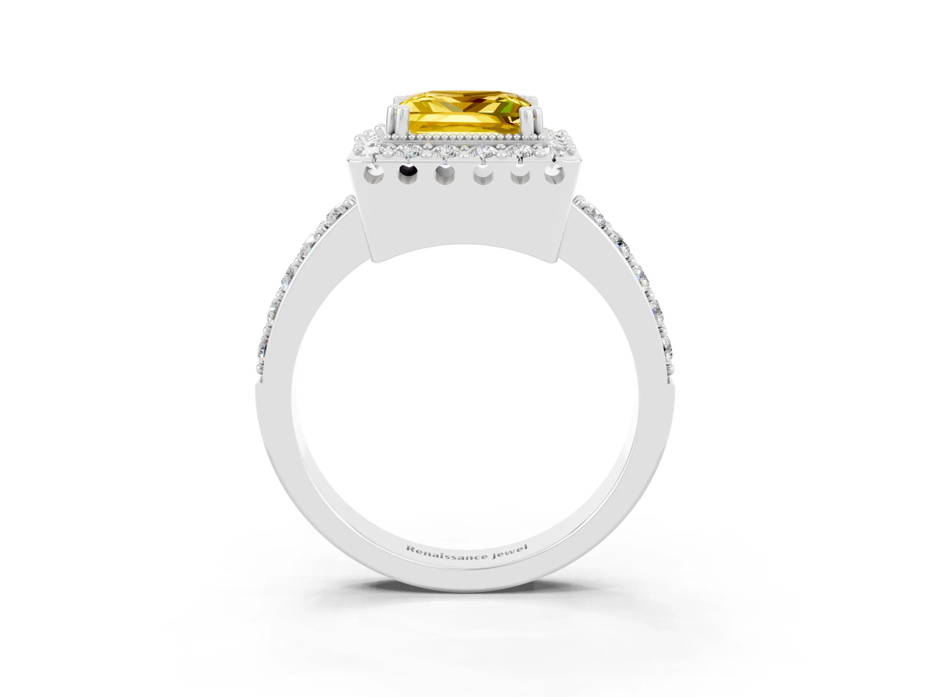 White gold Princess Cut Diamond Halo Ring with Pavé Band and Prong Setting_3