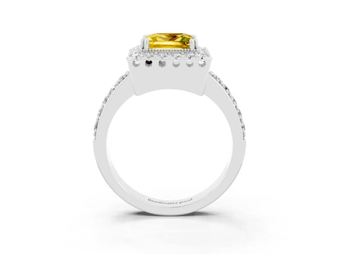 White gold Princess Cut Diamond Halo Ring with Pavé Band and Prong Setting_3