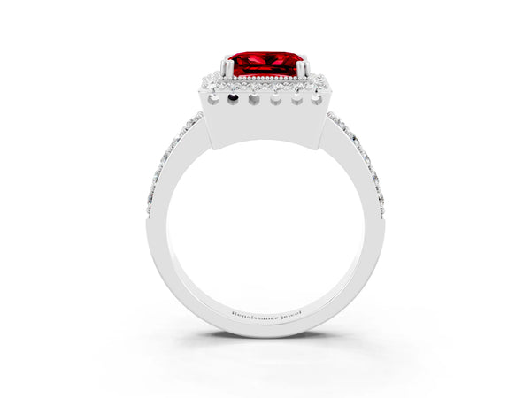 White gold Princess Cut Ruby Halo Ring with Pavé Band and Prong Setting