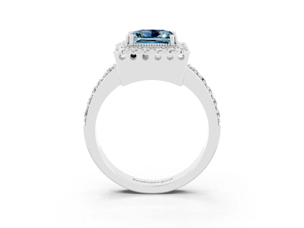 Silver Princess Cut Aquamarine Halo Ring with Pavé Band and Prong Setting