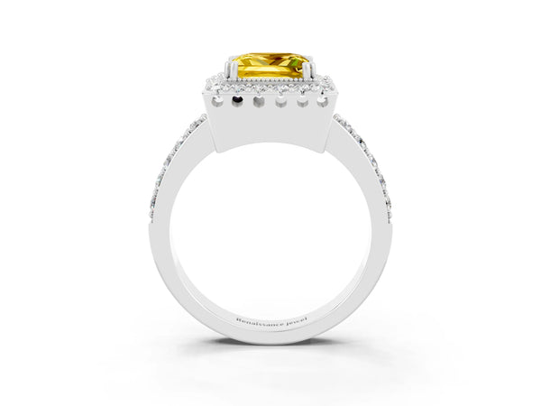 White gold Princess Cut Yellow Sapphire Halo Ring with Pavé Band and Prong Setting