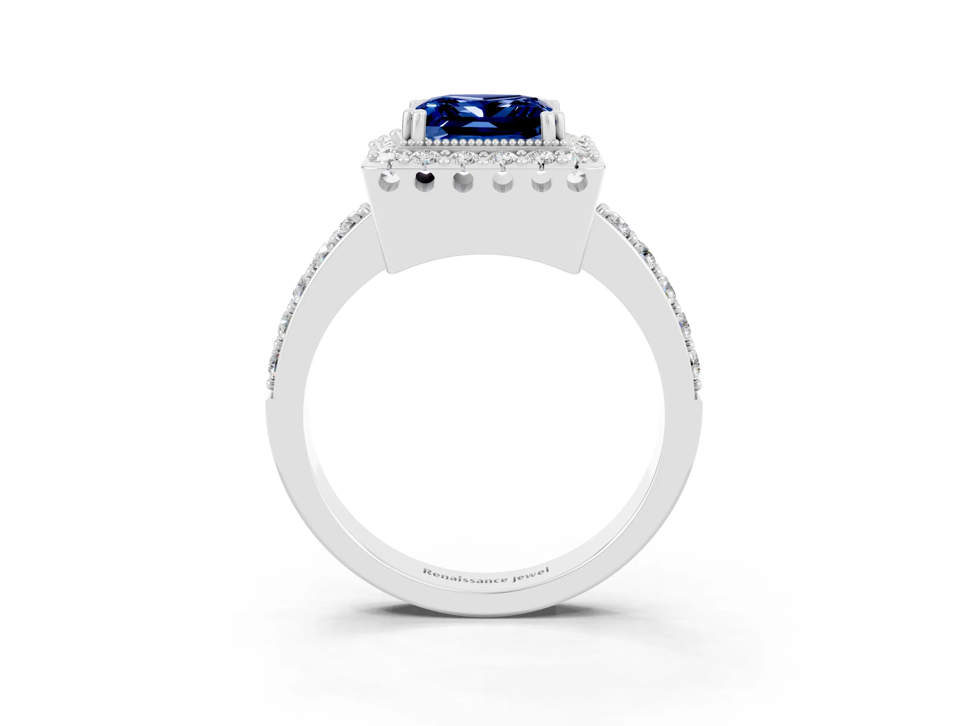 White gold Princess Cut Diamond Halo Ring with Pavé Band and Prong Setting_3