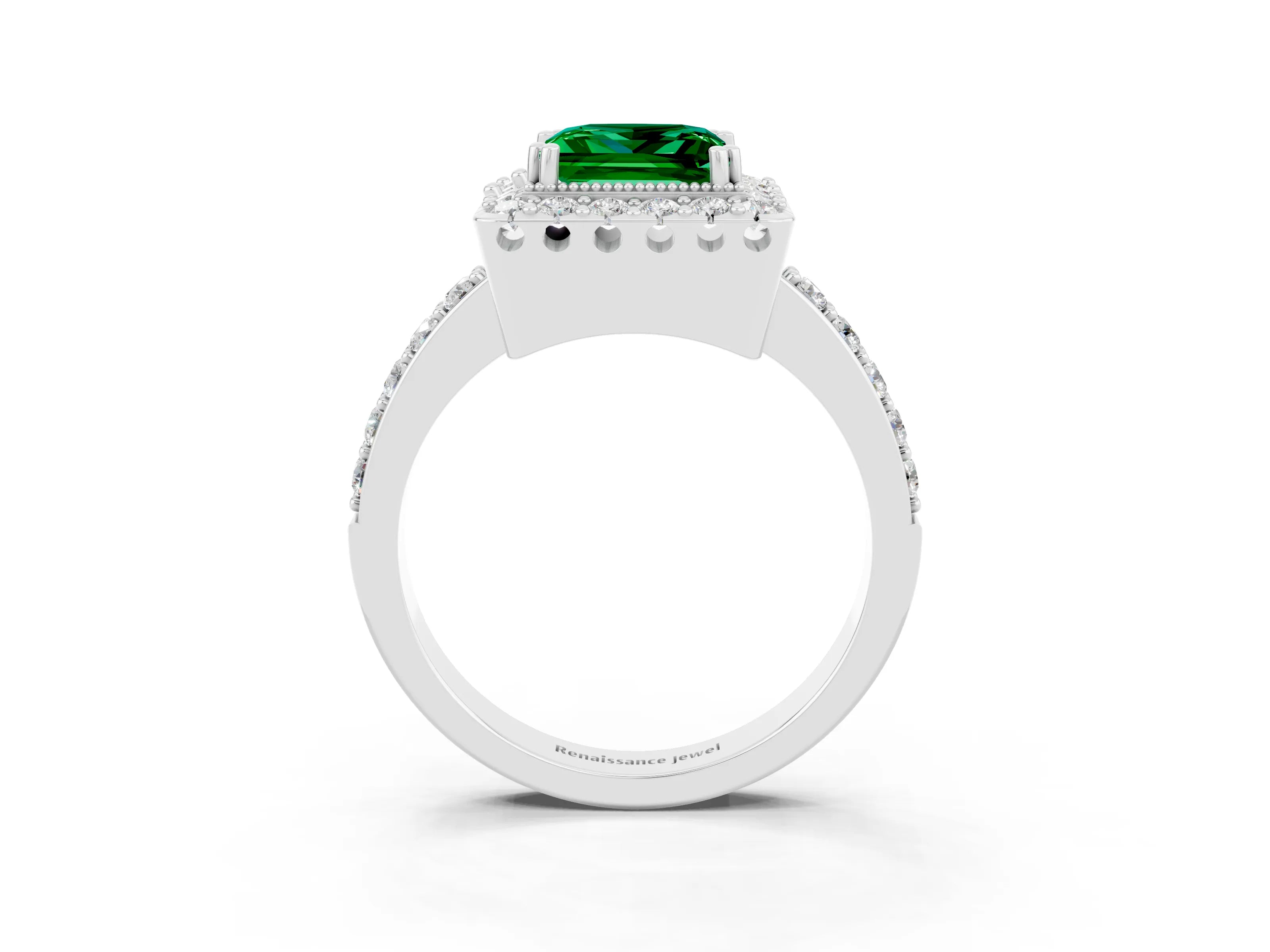 White gold Princess Cut Diamond Halo Ring with Pavé Band and Prong Setting_3