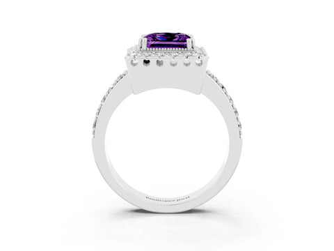 White gold Princess Cut Diamond Halo Ring with Pavé Band and Prong Setting_3