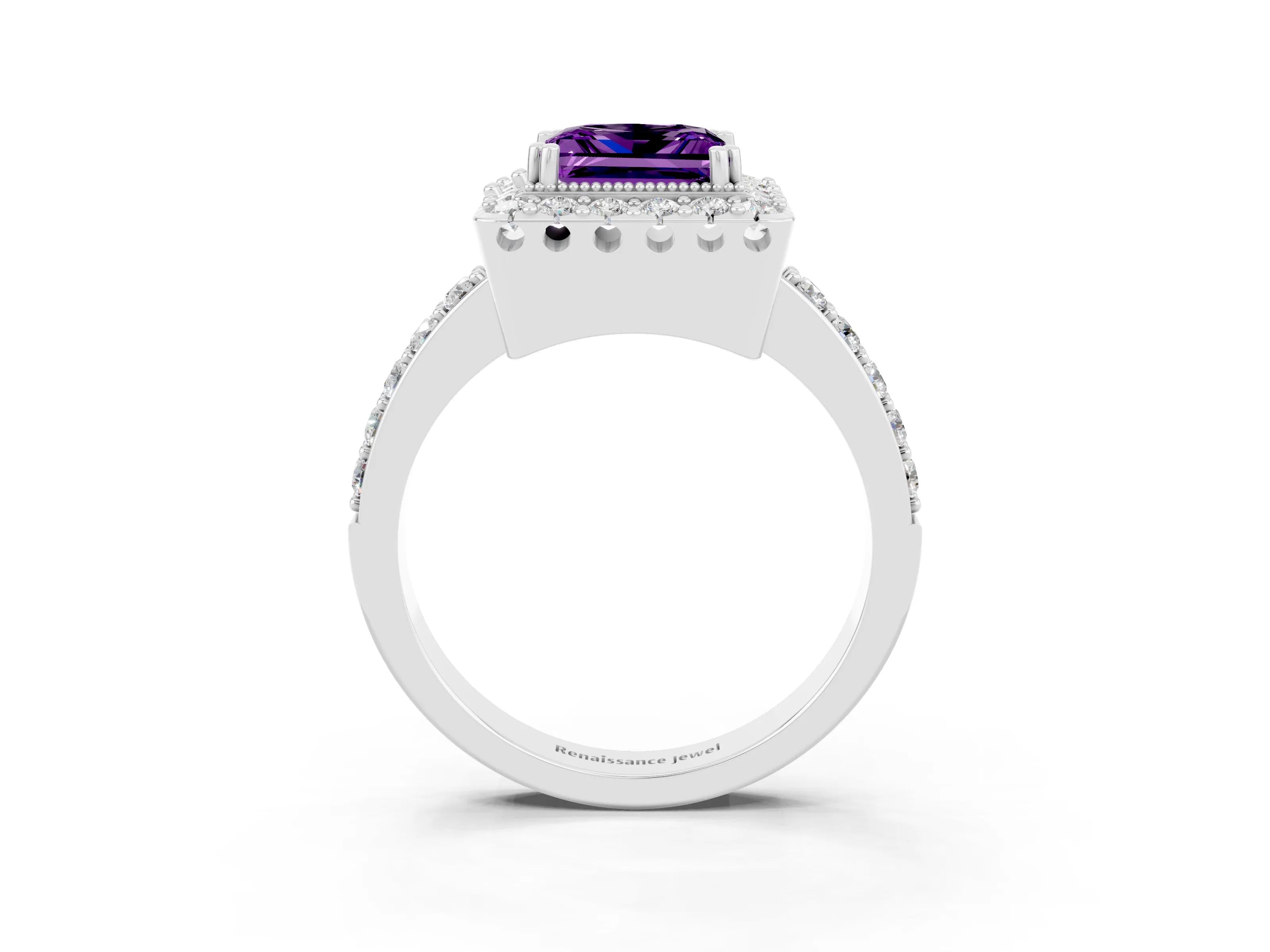 White gold Princess Cut Diamond Halo Ring with Pavé Band and Prong Setting_3