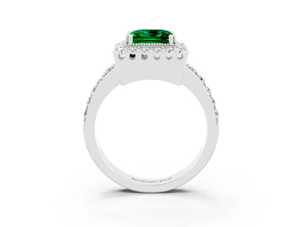 Platinum Princess Cut Emerald Halo Ring with Pavé Band and Prong Setting