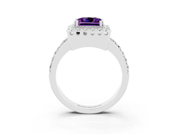Silver Princess Cut Amethyst Halo Ring with Pavé Band and Prong Setting