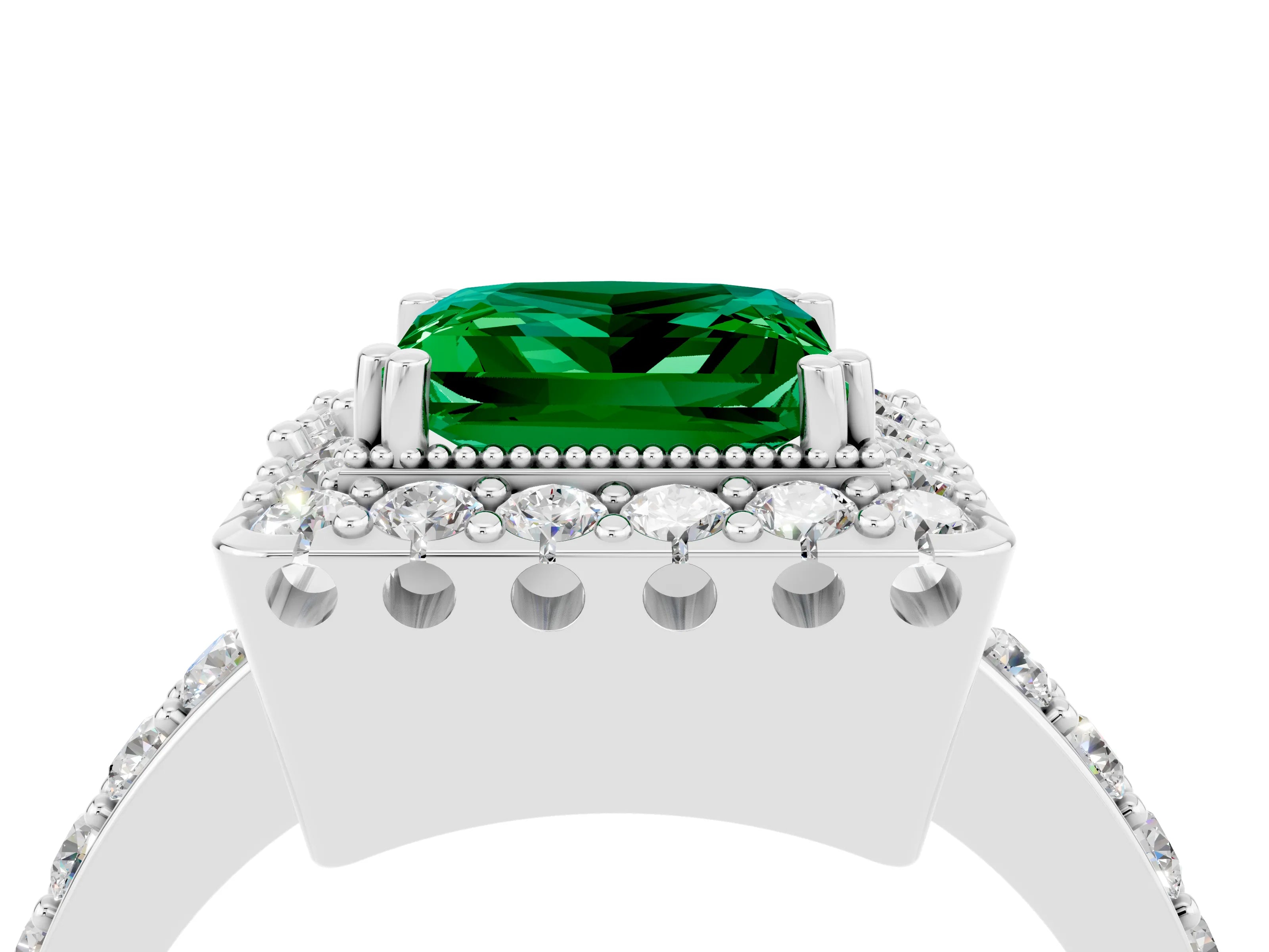 White gold Princess Cut Diamond Halo Ring with Pavé Band and Prong Setting_4