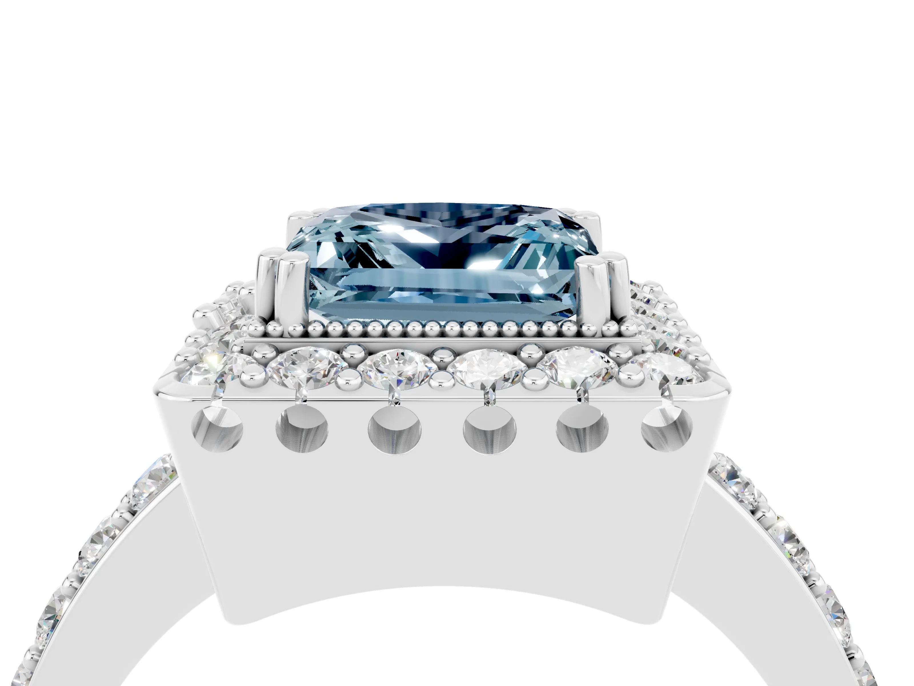 White gold Princess Cut Diamond Halo Ring with Pavé Band and Prong Setting_4