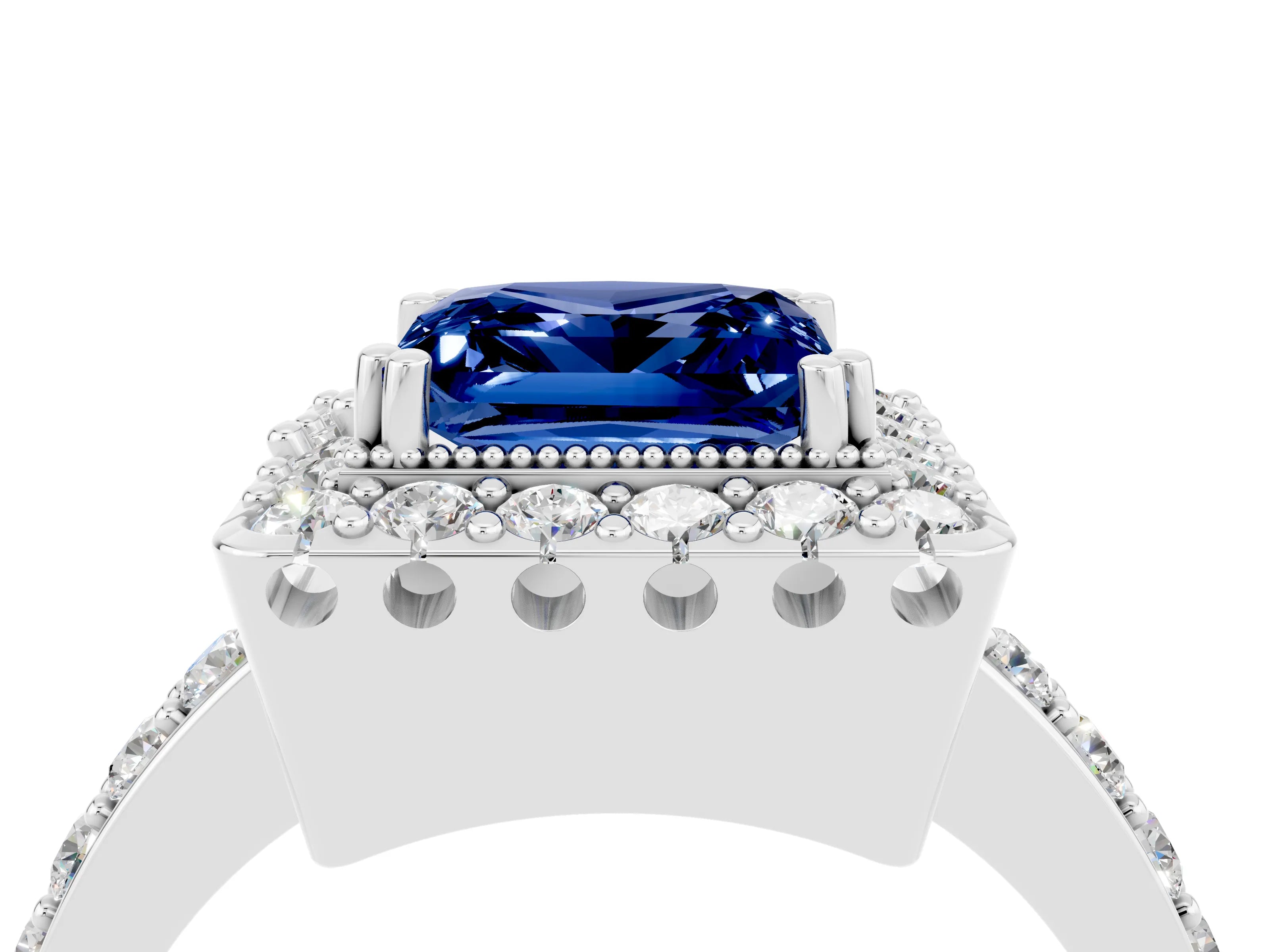 White gold Princess Cut Diamond Halo Ring with Pavé Band and Prong Setting_4