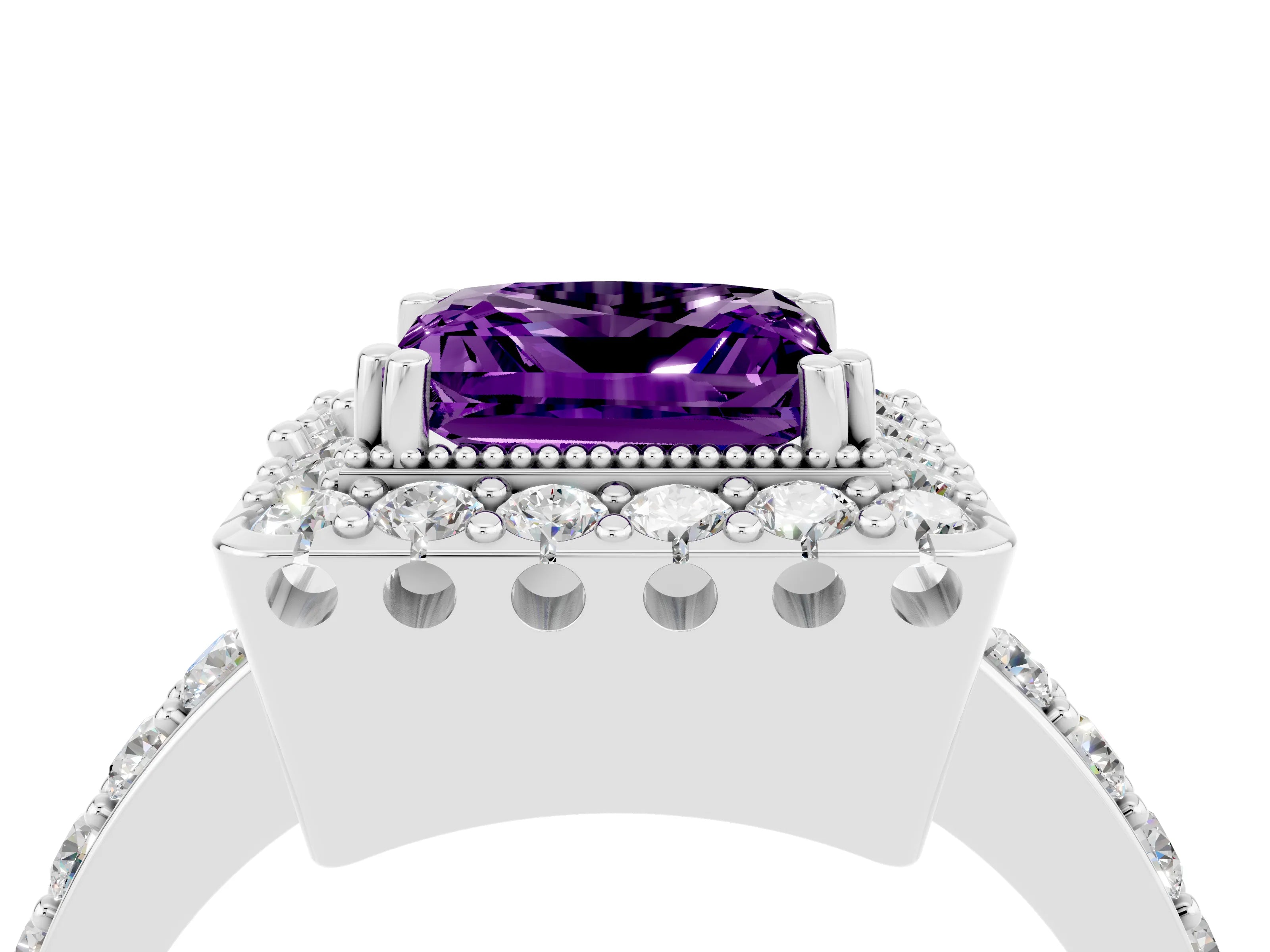 White gold Princess Cut Diamond Halo Ring with Pavé Band and Prong Setting_4