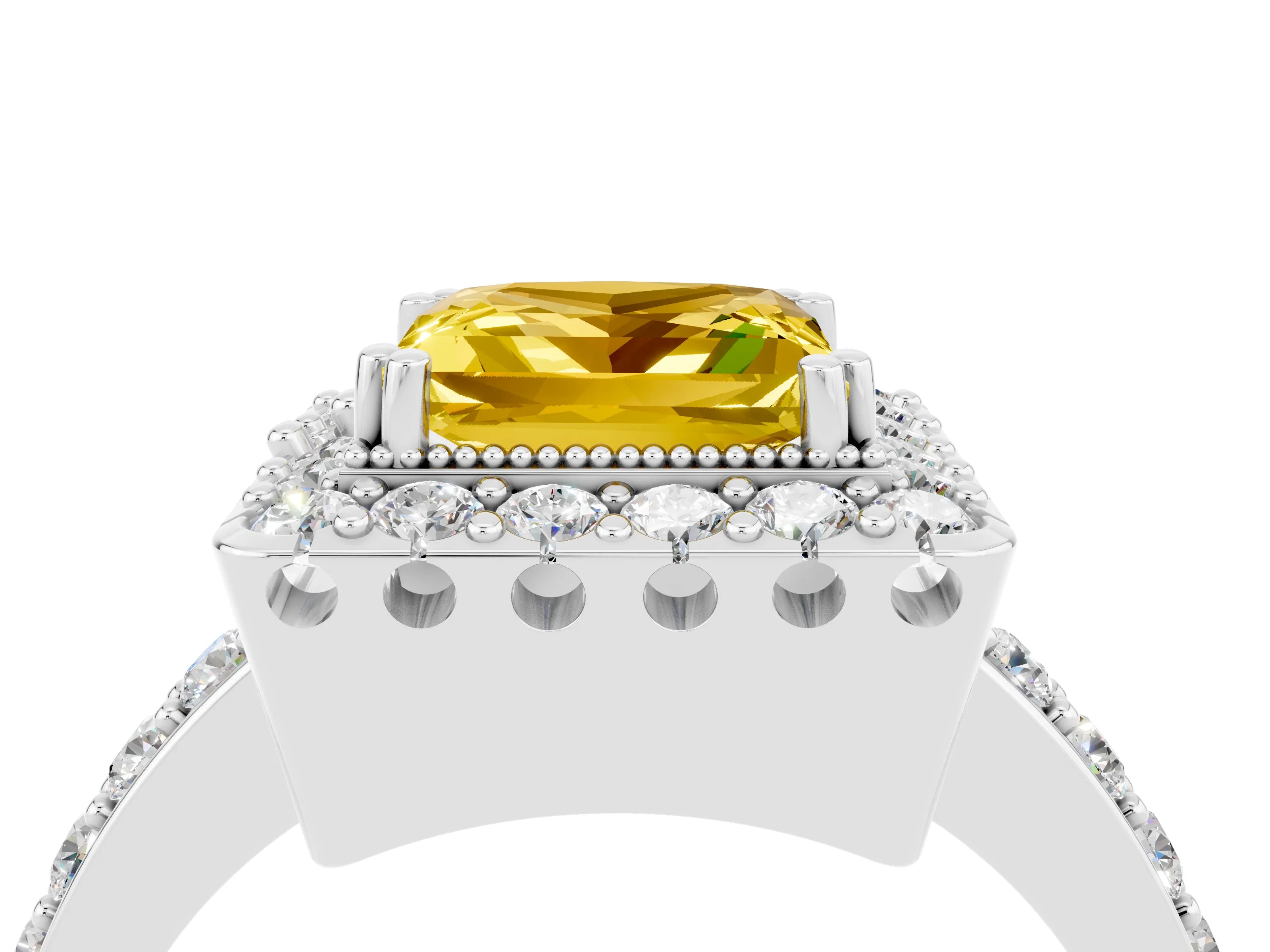 White gold Princess Cut Diamond Halo Ring with Pavé Band and Prong Setting_4