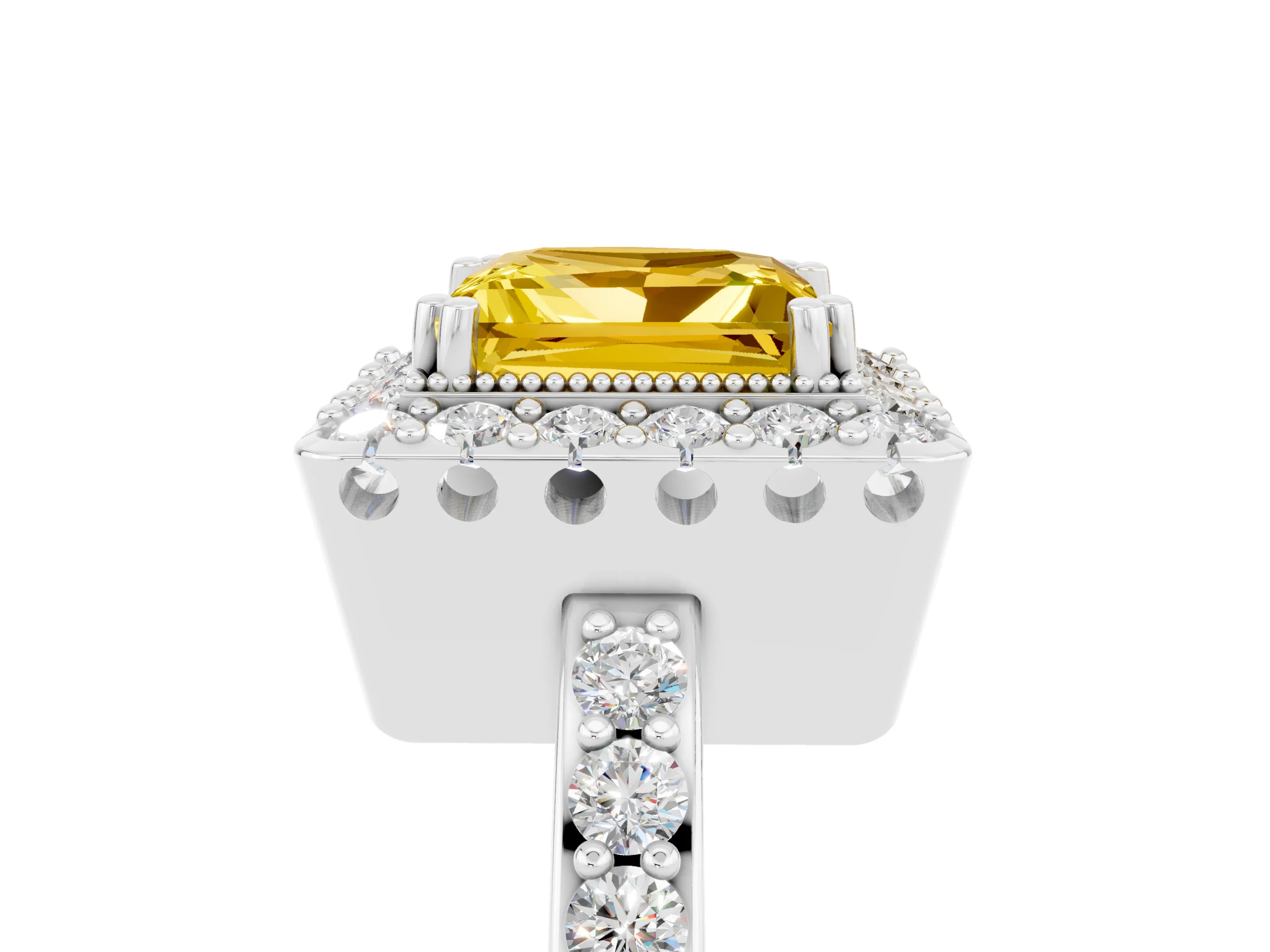 White gold Princess Cut Diamond Halo Ring with Pavé Band and Prong Setting_5