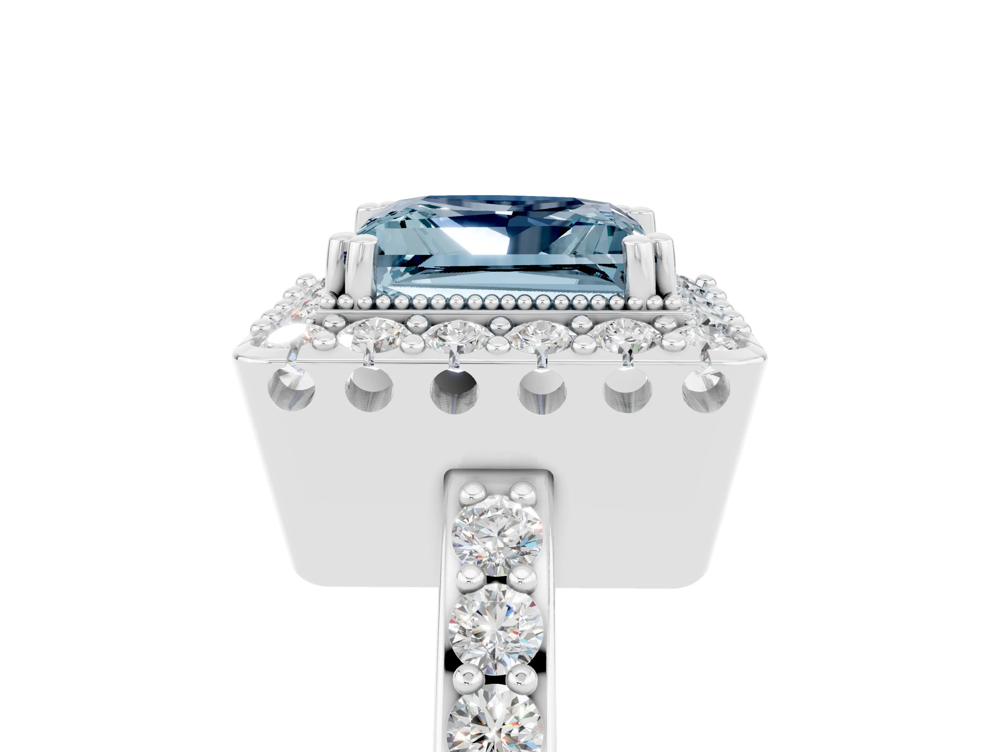 White gold Princess Cut Diamond Halo Ring with Pavé Band and Prong Setting_5
