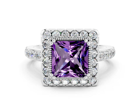 White gold Princess Cut Diamond Halo Ring with Pavé Band and Prong Setting
