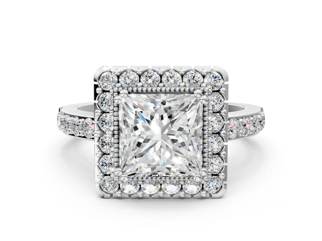 White gold Princess Cut Diamond Halo Ring with Pavé Band and Prong Setting_7