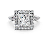 White gold Princess Cut Diamond Halo Ring with Pavé Band and Prong Setting_7