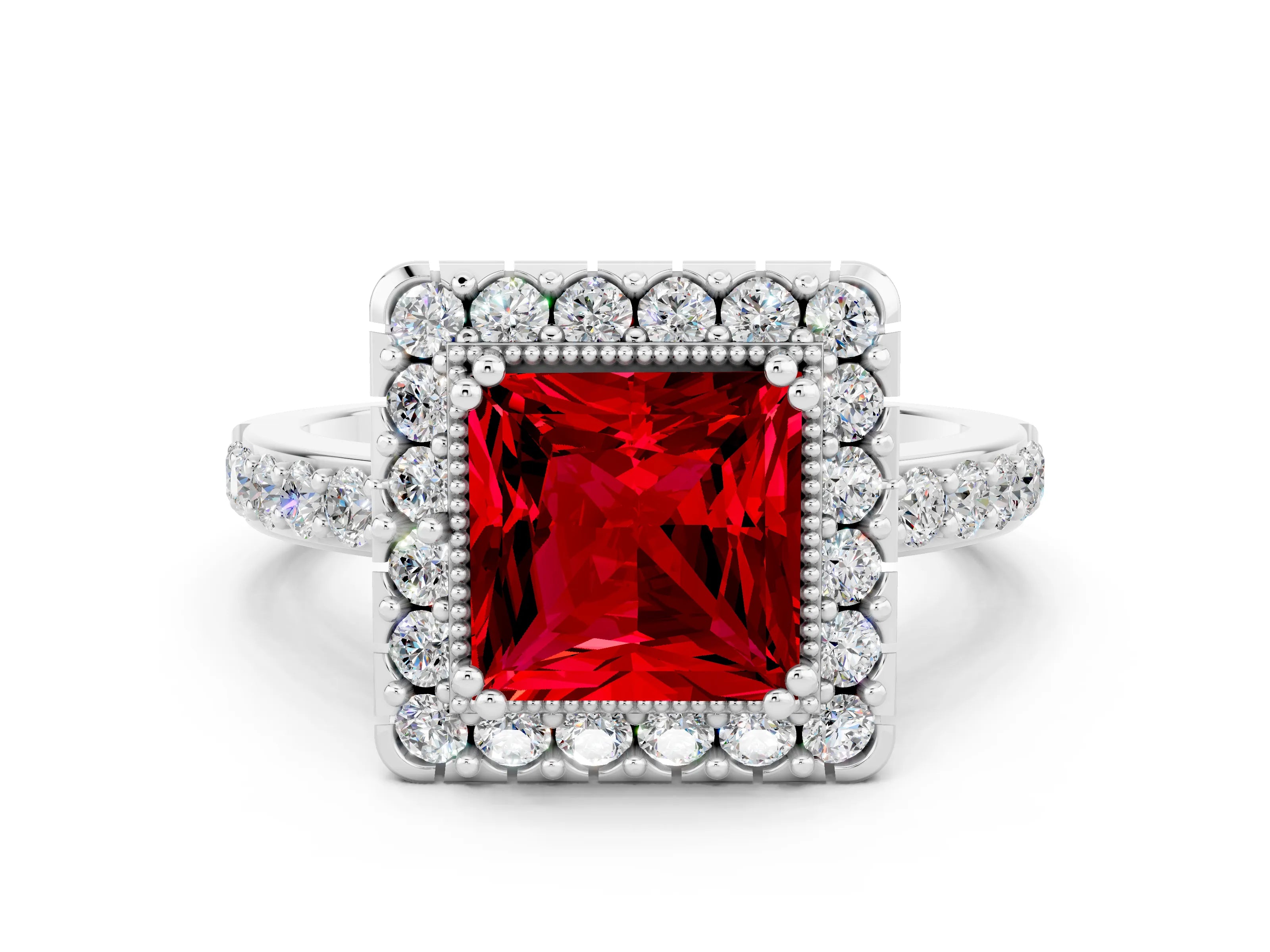 White gold Princess Cut Diamond Halo Ring with Pavé Band and Prong Setting