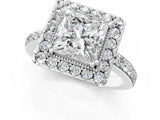 White gold Princess Cut Diamond Halo Ring with Pavé Band and Prong Setting_8