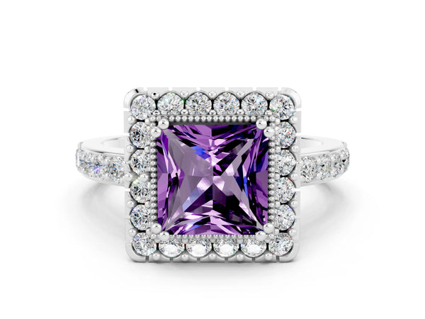 Platinum Princess Cut Amethyst Halo Ring with Pavé Band and Prong Setting