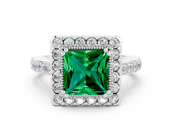 Platinum Princess Cut Emerald Halo Ring with Pavé Band and Prong Setting