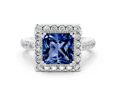 White gold Princess Cut Diamond Halo Ring with Pavé Band and Prong Setting