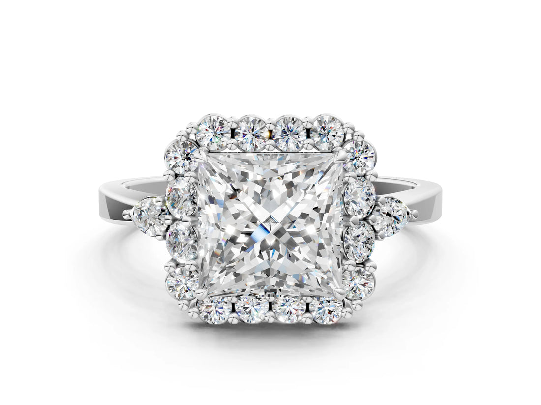 White gold Princess Cut Diamond Halo Ring with Pear Side Stones and Prong Setting_72